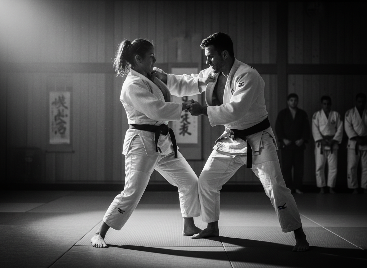 Due judoka si afferrano il kimono durante un allenamento in palestra, luce laterale drammatica