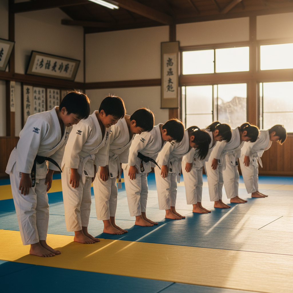 Bambini in kimono bianco allineati e in saluto sul tatami