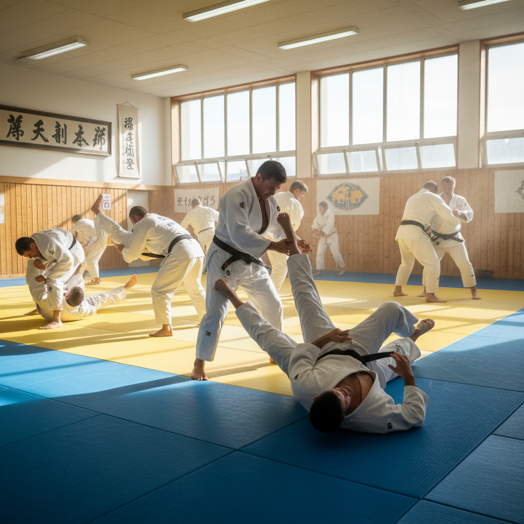 Classe di judo per adulti che si allena sul tatami in palestra