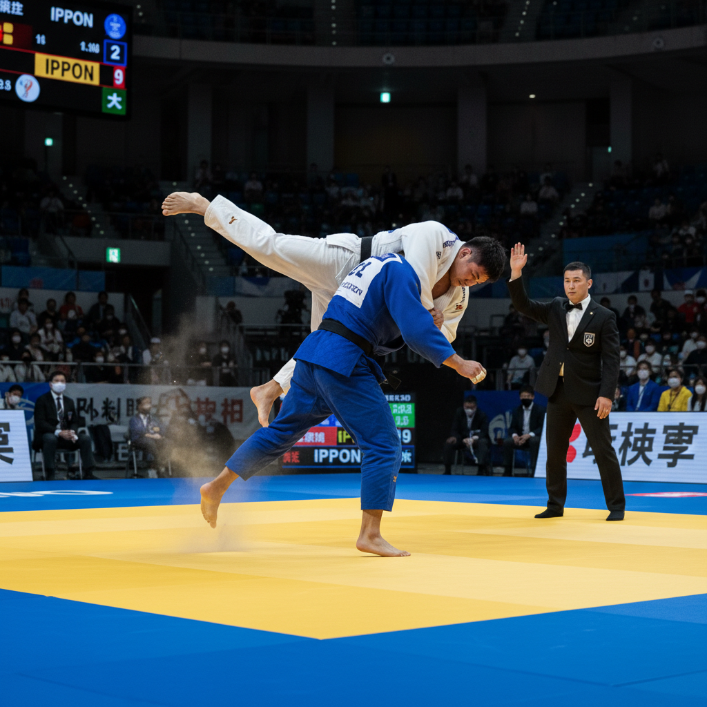 Incontro di judo agonistico con arbitro e due atleti durante una proiezione